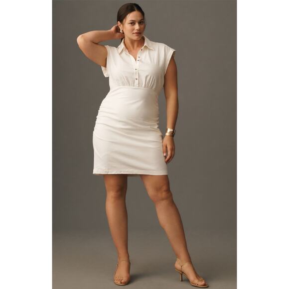 Anthropologie NWT White Linen Blend Ruched Collared Mini Dress 1X - Picture 1 of 10